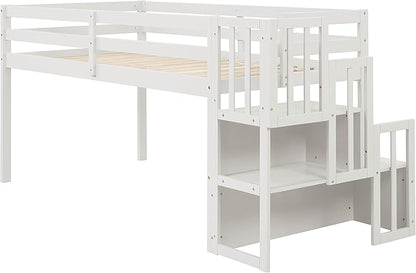 Bellemave Low Loft Bed for Kids,Twin Size Loft Bed with Storage Staircase,Wood Loft Bed Frame for Boys Girls Teens(White) - LeafyLoom