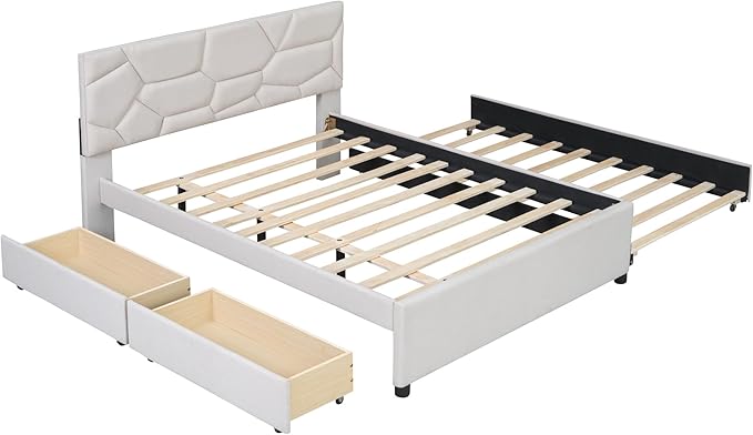 Full Size Linen Upholstered Platform Bed with Twin Size Trundle and 2 Drawers,Bedroom Bed Frame w/Brick Pattern Headboard,Wooden Slats Supproted,for Teens Kids Adults,Beige - LeafyLoom