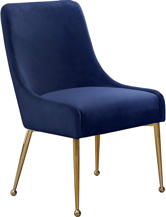 Meridian Furniture Owen Collection Modern | Contemporary Velvet Upholstered Dining Chair with Polished Gold Legs, Set of 2, 24" W x 21" D x 34.5" H, Navy - LeafyLoom