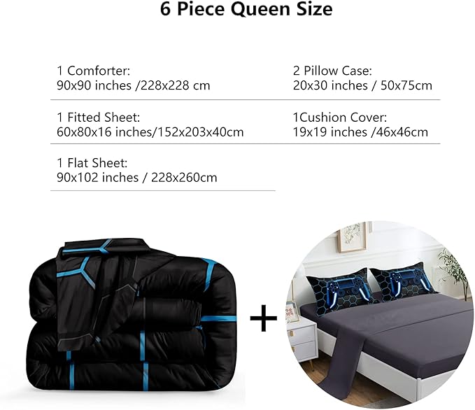 6 Pieces Gaming Bedding Set for Boys Gamer Comforter Set Queen Size,Game Controller Comforter for Boys Kids Teen 3D Gamepad Microfiber Bedding Sets 6 Pieces Bed in A Bag Sets H50022,Queen - LeafyLoom