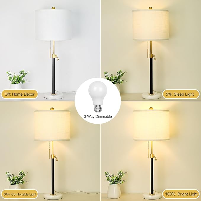 Black and Gold Table Lamps Set of 2: 22" to 30" Height Adjustable Nightstand Lamps with White Linen Shade | Pull Chain Switch | Marble Base - 3 Way Dimmable Beside Lamp for Bedrooms Living Room - LeafyLoom