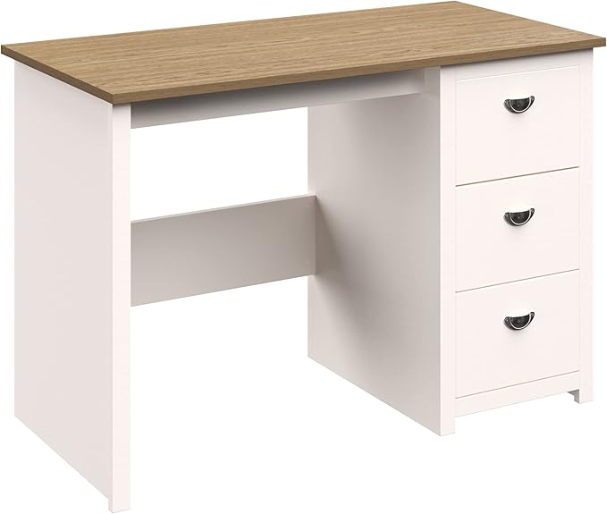 Lavish Home Traditional Desk with Attached 3-Drawer File Cabinet-for Home Office, Bedroom, Computer, or Craft Table, White and Wood Finish - LeafyLoom