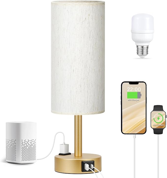 Gold Nightstand Bedroom Lamp - 3 Way Dimmable Bedside Lamp USB C A Charging Ports and AC Outlet, Small Table Lamp Linen Lampshade for Office Desk, LED Bulb Included - LeafyLoom