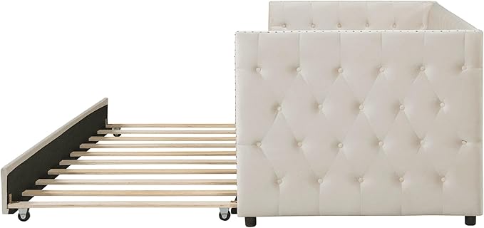 Twin Size Tufted Upholstered Daybed with Trundle, Solid Wood Velvet Bed with Rivet, Box-spring Needed, Space-Saving Design, for Living Room, Bedroom, Dorm, Beige-6 - LeafyLoom