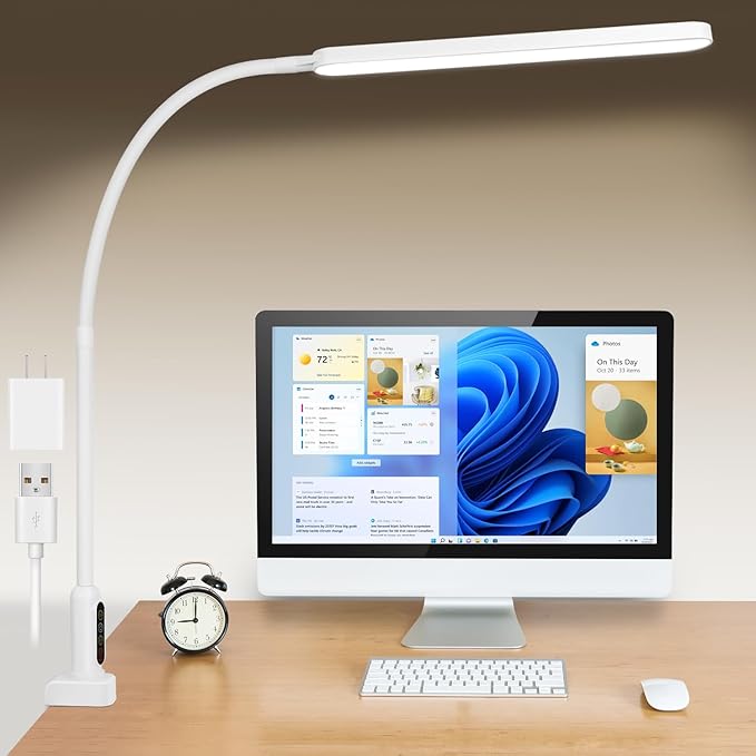 LED Desk Lamp with Clamp, Super Bright Desk Light with 11 Brightness, 5 Color Modes, Flexible Gooseneck Clip on Table Light, Eye-Caring Architect Task Desk Lamps for Home Office Study Reading - LeafyLoom