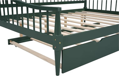 Full Size Daybed with Hideaway Trundle and Support Legs,Multi-functional Wood Bed Frame,W/Rails Three Sides,Easy to Assemble,for Bedroom,Living Room,Apartment,Green - LeafyLoom