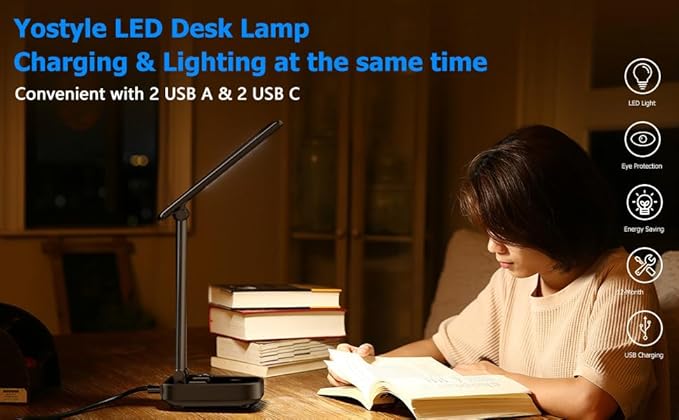 LED Desk Lamp with 4 USB Charging Ports and 2 AC Outlets,5ft Extension Cord Power Strip Station, 3 Level Brightness, Touch Dimmer Control, Office Table Eye Care Lamp bedroom hotel - LeafyLoom