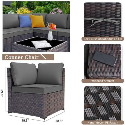 Patio Furniture Sectional Sofa Set 7 Pieces PE Rattan Patio Conversation Set w/43in Gas Fire Pit Table, Outdoor Furniture with 55000 BTU Propane Fire Pit, Grey - LeafyLoom