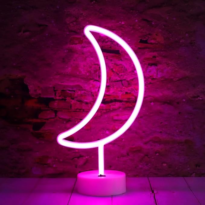 LED Neon Moon Lights, Moon Shape Neon Signs Crescent Night Lights Battery Operated Desk Table Lamp for Bedroom, Bar, Wall Decor-Moon with Holder Base(Pink) - LeafyLoom