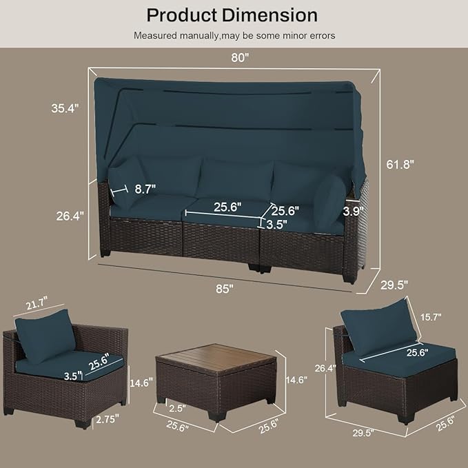 6 PCS Outdoor Patio Furniture Set,Sectional Sofa Set,Rattan Daybed with Retractable Canopy,Adjustable Backrest,Storage Coffee Table,Chaise Chair Sunbed for Garden Poolside Backyard(Sky Blue) - LeafyLoom