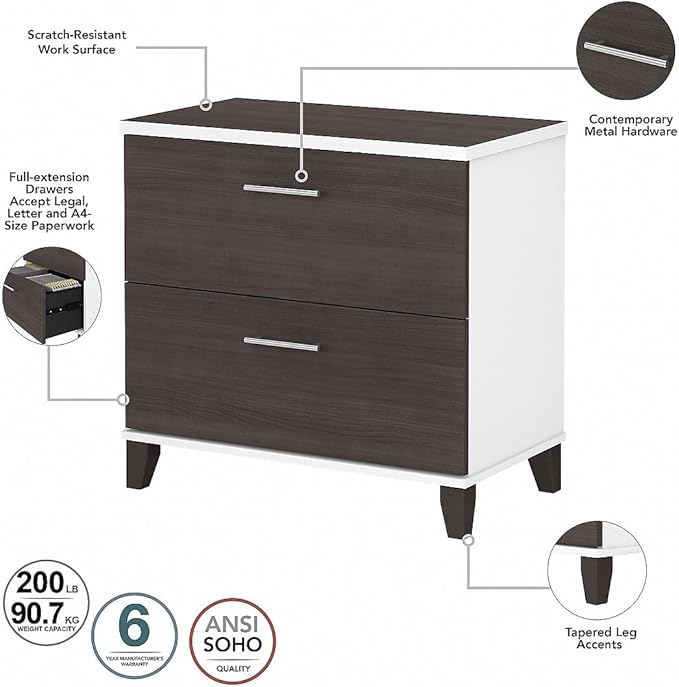 Bush Furniture Somerset 2 Drawer Lateral File Cabinet | Letter, Legal, and A4-size Document Storage for Home Office, 30W x 17D x 29H, White and Storm - LeafyLoom