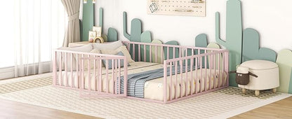 RITSU Queen Size Metal Floor Fence Bed, Montessori Bedframe, with Safety Guardrail and Door, for Children Bedroom, Boys Girls, Apartment, Strong & Durable, Easy to Assemble, Pink - LeafyLoom