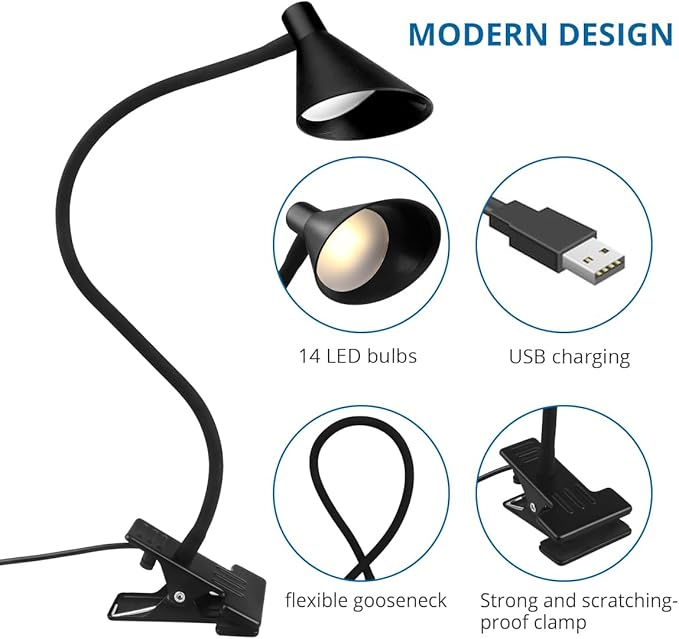 Semlos LED Reading Light, Clamp Lamp 3 Color Modes 5 Brightness, Clip Ligh for Desk Bedside Table, 5W USB Powered, Flexible Arm(Black) - LeafyLoom