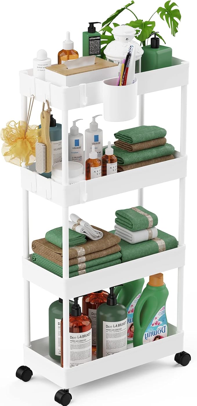 LEHOM Slim Rolling Storage Cart - 4 Tiers Bathroom Organizer Utility Cart Slide Out Storage Shelves Mobile Shelving Unit for Kitchen, Bedroom, Office, Laundry Room, Small Narrow Spaces (Pear White) - LeafyLoom