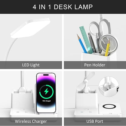 Desk Lamp, Desk Lamps for Home Office with USB Port Pen holder Wireless Charger 360 Gooseneck 3 Color Modes Dimmable Touch Square 800 Lumens CRI 85, Desk Light for college dorm room, White - LeafyLoom