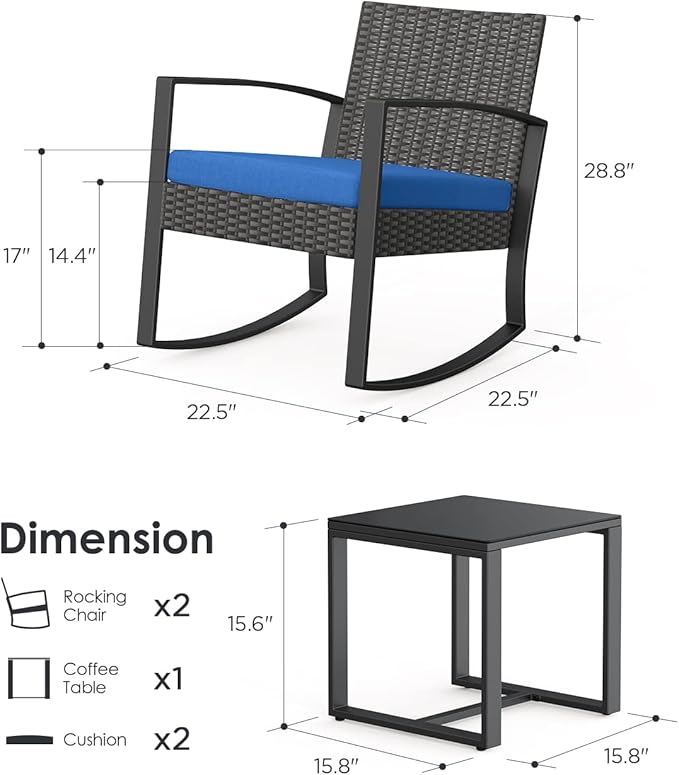 Patio Furniture Set 3 Pieces, Rattan Rocking Patio Chairs, Modern Outdoor Bistro Table and Chairs Conversation Set for Balcony Porch Garden Yard Poolside, Blue - LeafyLoom