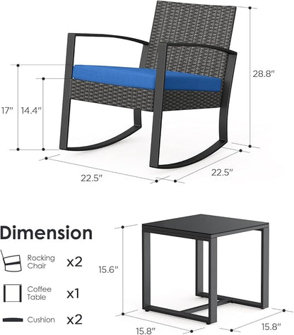 Patio Furniture Set 3 Pieces, Rattan Rocking Patio Chairs, Modern Outdoor Bistro Table and Chairs Conversation Set for Balcony Porch Garden Yard Poolside, Blue - LeafyLoom