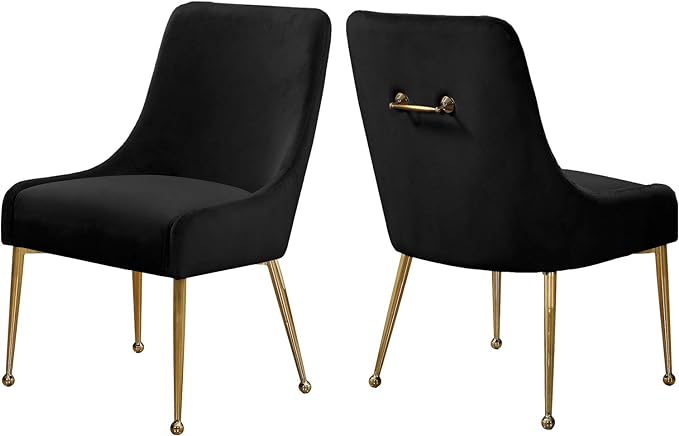 Meridian Furniture Owen Collection Modern | Contemporary Velvet Upholstered Dining Chair with Polished Gold Legs, Set of 2, 24" W x 21" D x 34.5" H, Black - LeafyLoom