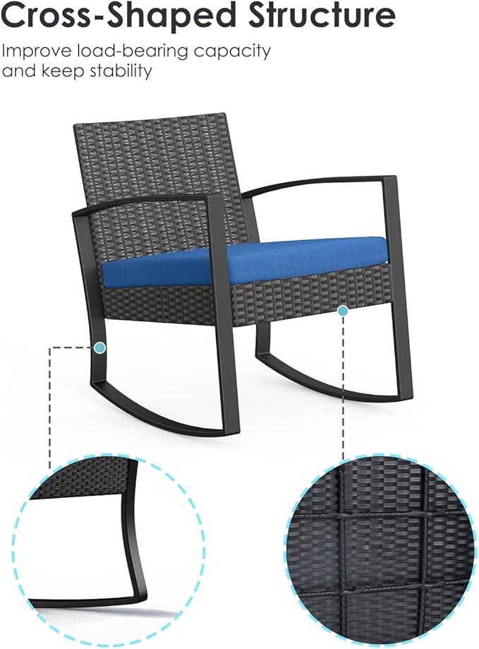 Patio Furniture Set 3 Pieces, Rattan Rocking Patio Chairs, Modern Outdoor Bistro Table and Chairs Conversation Set for Balcony Porch Garden Yard Poolside, Blue - LeafyLoom