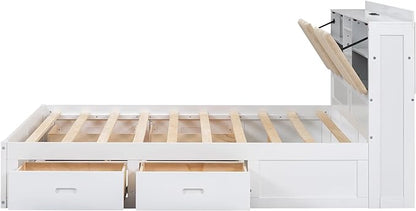 Wood Full Size Platform Bed with Storage Headboard and 4 Drawers, White - LeafyLoom