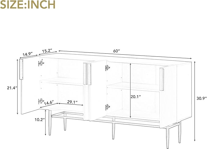 60" Modern 4-Door Elegant Sideboard with Gold Metal Handles and Legs,Storage Buffet Cabinet,W/Adjustable Shelves & Open Countertop,Console Table for Dining Living Room Hallway,White - LeafyLoom