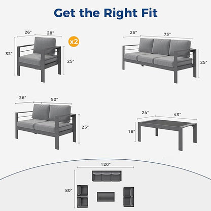 Wisteria Lane Aluminum Outdoor Patio Furniture Set, Modern Patio Conversation Sets, Outdoor Sectional Metal Sofa with 5 Inch Cushion and Coffee Table for Balcony, Garden, Dark Grey - LeafyLoom