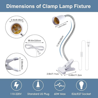 Clip Lamp Holder,Flexible Aluminum Neck Clamp Lights,360°Adjustable Clamp Light Socket,E26/E27 Clamp Light Fixture with 220CM Switch and Plug Cable,Clip Desk Lamp Holder for Study Work Reading,No Bulb - LeafyLoom