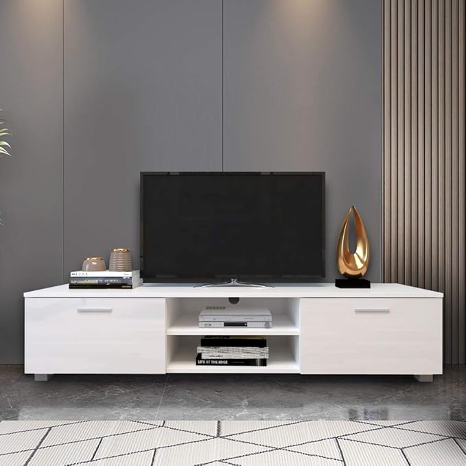 63" TV Stand with Open Shelves, Television Stands for TVs Up to 70", Media Console Entertainment Center Television Table with 2 Storage Cabinet for Living Room, Bedroom, White - LeafyLoom