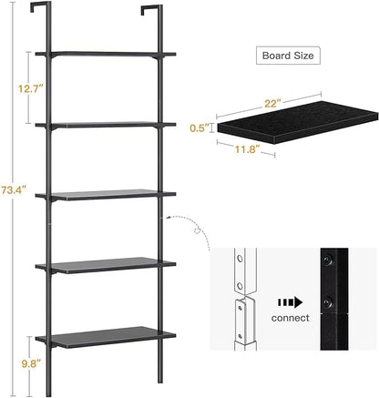 ODK 5-Tier Ladder Shelf, 74 Inches Wall Mounted Ladder Bookshelf with Metal Frame, Open Industrial Shelves for Home Office, Bedroom and Living Room, Black - LeafyLoom