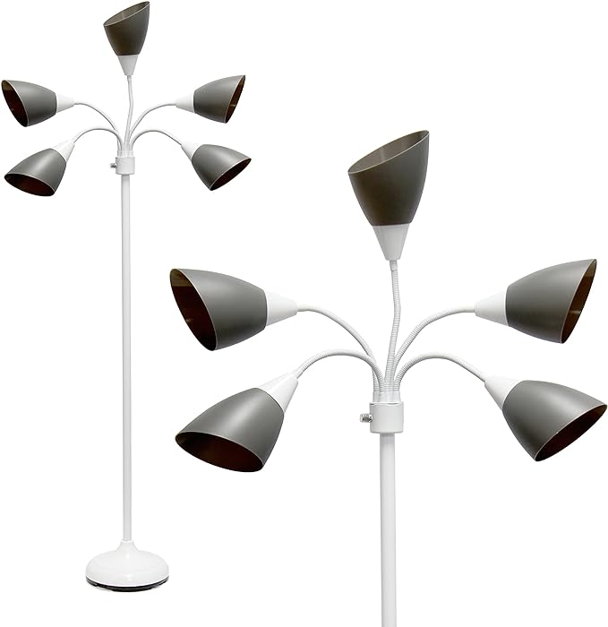 Simple Designs LF2006-GOW 67" Contemporary Multi Head Medusa 5 Light Adjustable Gooseneck White Floor Lamp with Gray Shades for Kids Bedroom Playroom Living Room Office - LeafyLoom