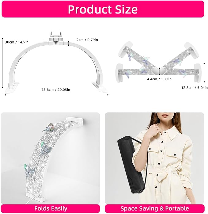 Half Moon Light for Nail Desk, Foldable 29" Nail Light for Desk, 180° Ultra-bright Nail Tech Desk Lamp, Portable Half Moon Lamp with Phone Holder & Organizer Bag - Sliver Diamond - LeafyLoom