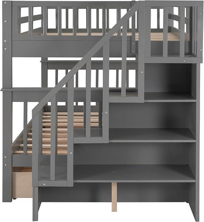 Full Over Full Bunk Bed with Stairs Storage and 3 Drawers, Wooden Stairway Bunkbeds, can be Divided into two Platform Bedframe, for Kids Teens Adults Bedroom, Gray - LeafyLoom