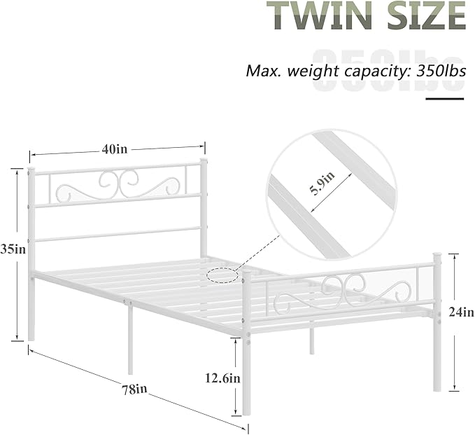 VECELO Twin Size Bed Frame with Headboard, 14 Inch Metal Platform Mattress Foundation, No Boxing Spring Needed, Squeak Resistant, Easy Assembly, White - LeafyLoom