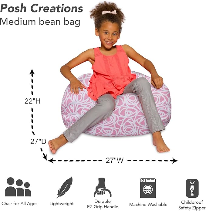 Posh Creations Bean Bag Chair for Kids, Teens, and Adults Includes Removable and Machine Washable Cover, Canvas Roses Pink, 27in - Medium - LeafyLoom