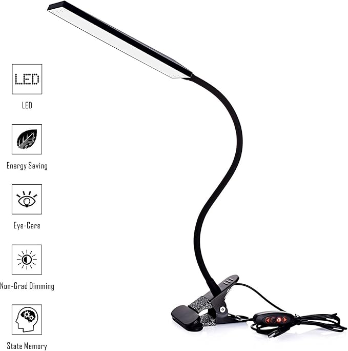 LED Desk Lamp Dimmable Eye-Care Reading Light Office Light Adjustable 3 Color Modes,14 Brightness Levels, Gooseneck Flexible Clip-on Light for Studying, 5W-Black - LeafyLoom