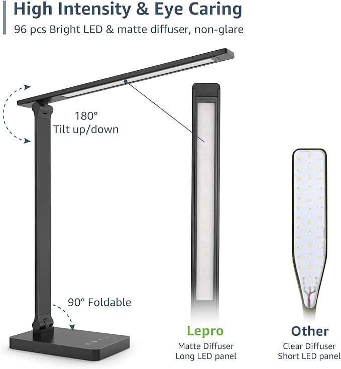 Lepro LED Desk Lamp for Home Office, 9.5W 750LM Metal Touch Control Desk Light, 5 Color Modes 5 Brightness Level, Eye Caring Task Lamp For Reading, Sewing, Crafts, School Supplies, Puzzle Light, Black - LeafyLoom