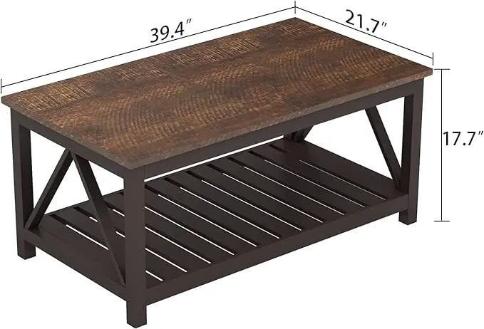 ChooChoo Farmhouse Coffee Table, Rustic Vintage Living Room Table with Shelf, 40 Espresso - LeafyLoom