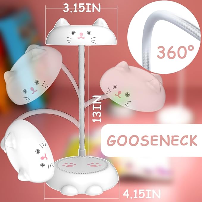 Cute Small Desk Lamp for Kids, Eye-caring Desk Light LED Reading Lamp, 3 Color Dimmable & 45min Timer, Battery Powered Cordless Lamp Rechargeable, Flexible Gooseneck Battery Operated Table Lamp, Cat - LeafyLoom