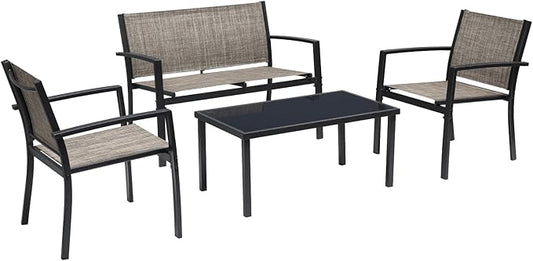 Greesum 4 Pieces Patio Furniture Set Outdoor Conversation Textilene Fabric Chairs for Lawn, Garden, Balcony, Poolside with A Glass Coffee Table, Brown - LeafyLoom