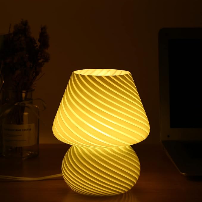 BSOD Glass Mushroom Bedside Table Lamp, Yellow Translucent Murano Vintage Style Striped Small Nightstand Desklamp Swirl Light for Home Decor, Dining, Living, Bedroom, Gift (Stripe Yellow) - LeafyLoom