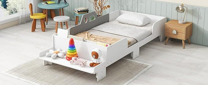 Twin Kid Bed with Headboard, Twin Bed with Footboard Bench,Wood Slat Support, Cute Kid Bed Frame with Book Storage Space, Twin Car Bed for Boys Girls Bedroom, No Box Spring Needed, White - LeafyLoom