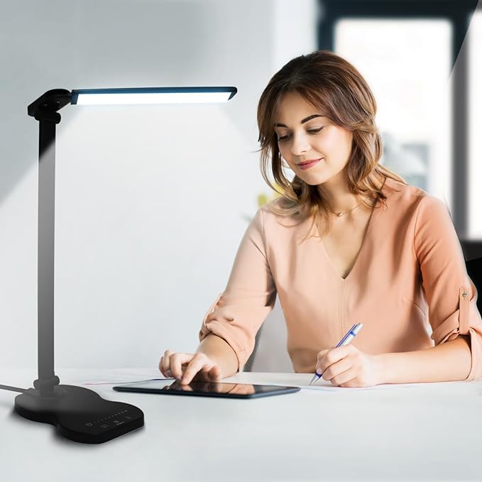 Led Desk Lamp with USB Charging Port, 5 Lighting Colors & 10 Brightness Reading Lamp, Foldable Dimmable LED Desk Light, 3000-6500K, Violin Shape Black Lamp Desk Lamps for Home Office - LeafyLoom