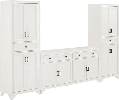 Crosley Tara 3-Piece Sideboard and Pantry Set with 2 Pantries, Distressed White - LeafyLoom