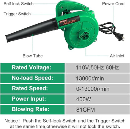 Corded Electric Leaf Blower,2 in 1 Small Handheld Lightweight Sweeper/Vacuum,110V 400W Portbale Blower for Leaf/Snow/Dust Blowing (Green) - LeafyLoom