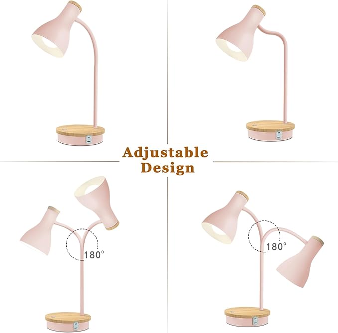 Metal Desk Lamp Touch Reading Lights Table Lamp Arc Desk Lamps for Bedroom, 3 Way Dimmable Bedside Lamp with USB Charging Ports, Reading Lamp for Study Room and Office (Pink-02) - LeafyLoom