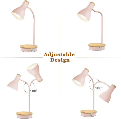 Metal Desk Lamp Touch Reading Lights Table Lamp Arc Desk Lamps for Bedroom, 3 Way Dimmable Bedside Lamp with USB Charging Ports, Reading Lamp for Study Room and Office (Pink-02) - LeafyLoom