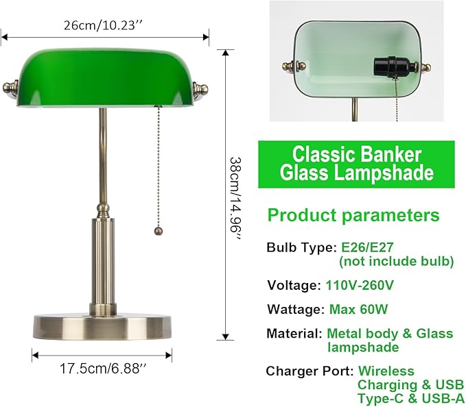 FIRVRE Bankers Lamp with2 USB and Wireless Charging Port，Pull Chain Switch Green Glass Desk Lamp， E26 Base,Traditional Library Desk Lamps for Home Office,Bedroom,Piano - LeafyLoom