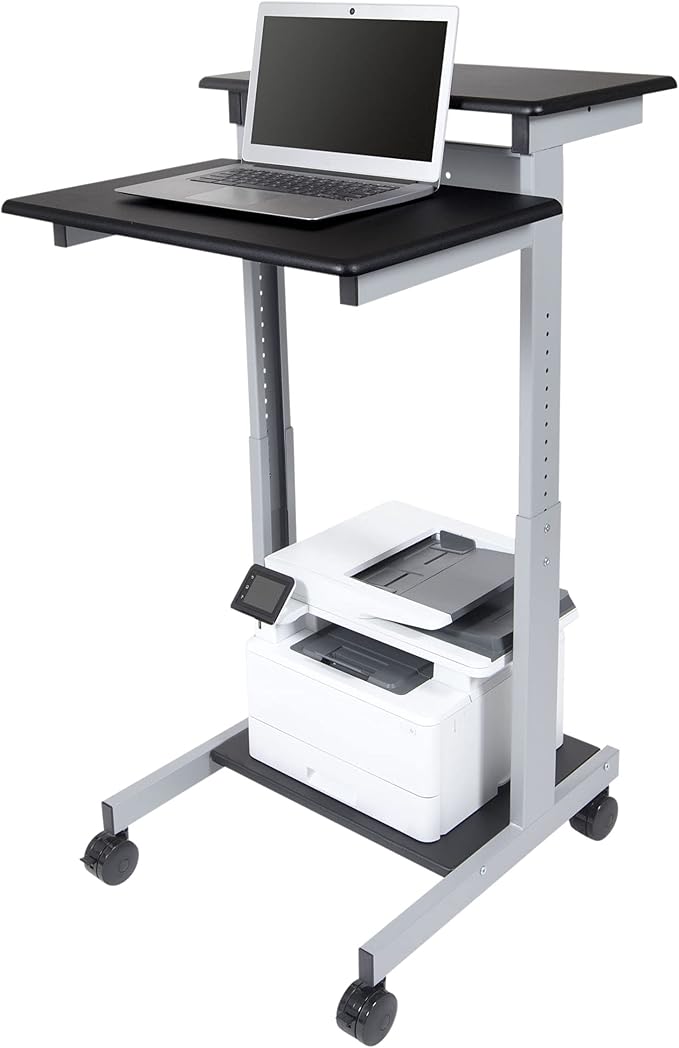 Stand Up Desk Store Rolling Adjustable Height Two Tier Standing Desk Computer Workstation (Silver Frame/Black Top, 24" Wide) - LeafyLoom