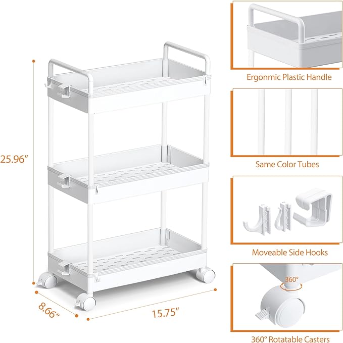 Ronlap 3 Tier Classic Storage Rolling Cart Slim Storage Cart with Wheels Slide Out Storage Rolling Cart Organizer Plastic for Bathroom Laundry, White - LeafyLoom