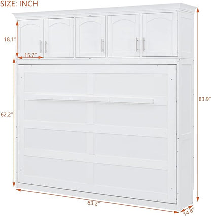 Merax, White Modern Farmhouse Solid Murphy Chest with Top, Tall Wall Platform Bed Space Saving/Wood Slat Support, Full W/Cabinets - LeafyLoom